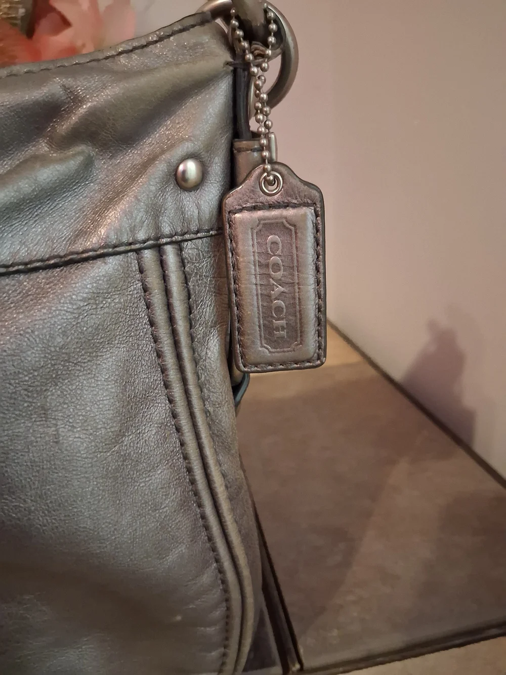 Coach Metallic Silver Leather Shoulder Bag with Logo Tag